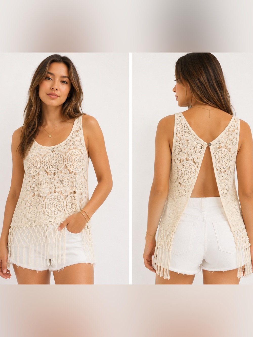 NWOT Crochet Lace Fringe Open Back Cream Monteau Los Angeles Top Sz S